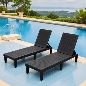 Greesum Outdoor Chaise Lounge Chairs Set of 2 with 5-Position Adjustable Backrest, Waterproof PP Sun Loungers for Garden Pool Beach Patio Deck Sunbathing, Black