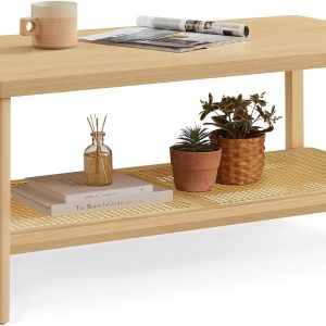 VASAGLE 2-Tier Coffee Table for Living Room, Rectangular Living Room Table, with PVC Rattan Storage Shelf, Rounded Corners, Easy Assembly, Boho Style, 21.7 x 39.4 x 17.7 Inches, Oak Beige ULCT240Y57